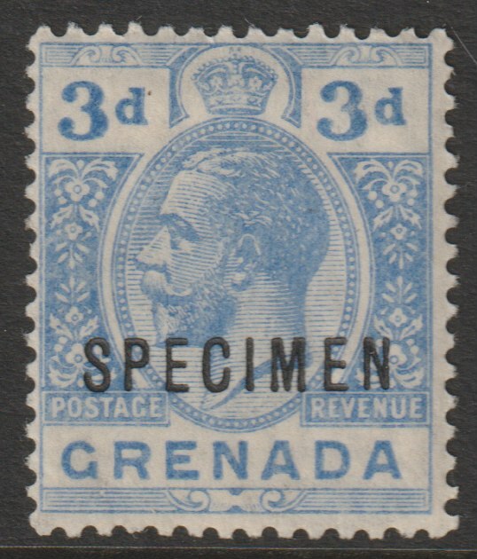 Grenada 1921 KG5 Script CA 3d blue overprinted SPECIMEN (type D12) fine with gum and only about 400 produced SG 121s, stamps on , stamps on  stamps on specimens