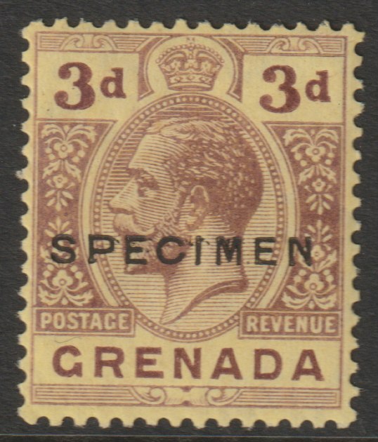 Grenada 1921 KG5 Script CA 3d purple on yellow overprinted SPECIMEN (type D16) fine with gum and only about 400 produced SG 122s, stamps on specimens