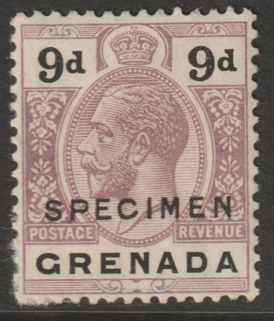 Grenada 1921 KG5 Script CA 9d overprinted SPECIMEN (type D16) part gum and only about 400 produced SG 127s, stamps on specimens
