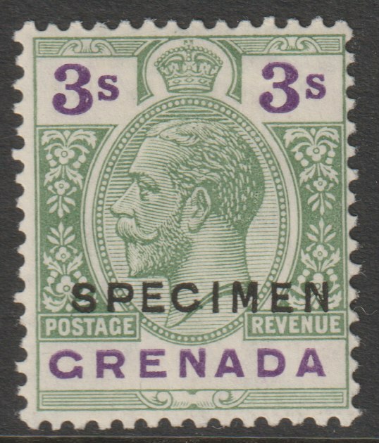 Grenada 1921 KG5 Script CA 3s overprinted SPECIMEN (type D16) fine with gum and only about 400 produced SG 132s, stamps on specimens