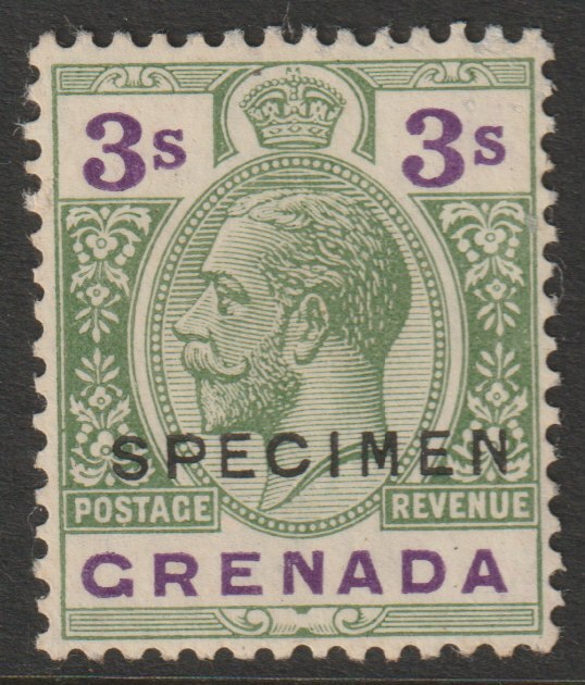 Grenada 1921 KG5 Script CA 3s overprinted SPECIMEN (type D16) fine with gum and only about 400 produced SG 132s, stamps on specimens