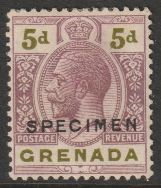 Grenada 1921 KG5 Script CA 5d overprinted SPECIMEN (type D16) poor gum and only about 400 produced SG 124s, stamps on , stamps on  stamps on specimens