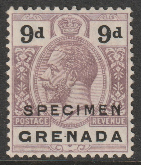 Grenada 1921 KG5 Script CA 9d overprinted SPECIMEN (type D16) heavily mounted and only about 400 produced SG 127s, stamps on specimens