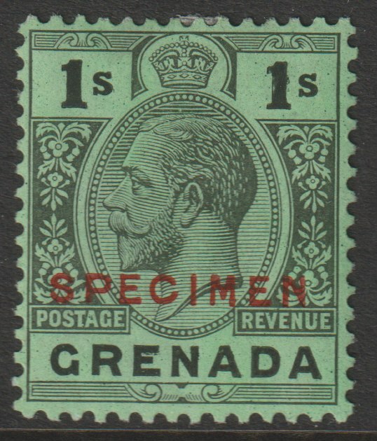 Grenada 1921 KG5 Script CA 1s black on emerald overprinted SPECIMEN (type D16) with gum and only about 400 produced SG 128s, stamps on , stamps on  stamps on specimens