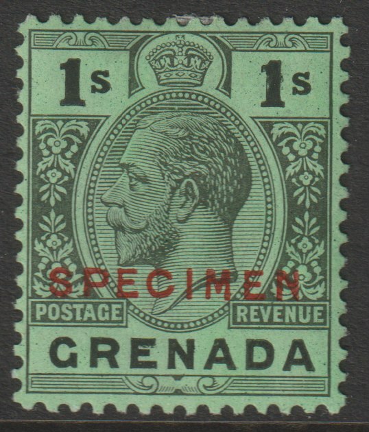 Grenada 1921 KG5 Script CA 1s black on emerald overprinted SPECIMEN (type D16) with gum and only about 400 produced SG 128s, stamps on specimens