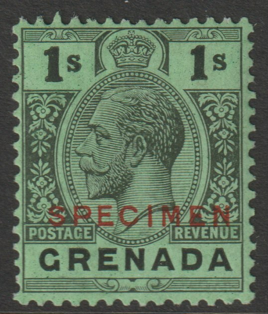 Grenada 1921 KG5 Script CA 1s black on emerald overprinted SPECIMEN (type D16) fine with gum and only about 400 produced SG 128s, stamps on , stamps on  stamps on specimens