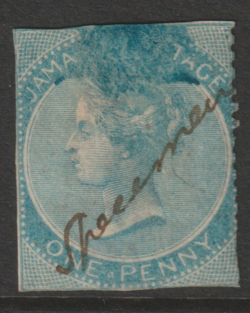 Jamaica 1860 QV 1d blue watermarked Pineapple with SPECIMEN in manuscript, without gum and imperf on 3 sides but believed to be unique, SG 1s, stamps on specimens