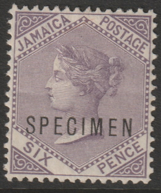 Jamaica 1905 QV 6d lilac overprinted SPECIMEN (type D12) fine with gum and only about 750 produced SG 52s, stamps on specimens