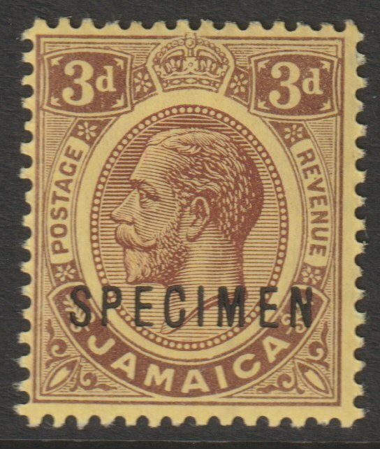 Jamaica 1912 KG5 MCA 3d overprinted SPECIMEN (type D12) fine with gum and only about 400 produced SG 62s, stamps on specimens