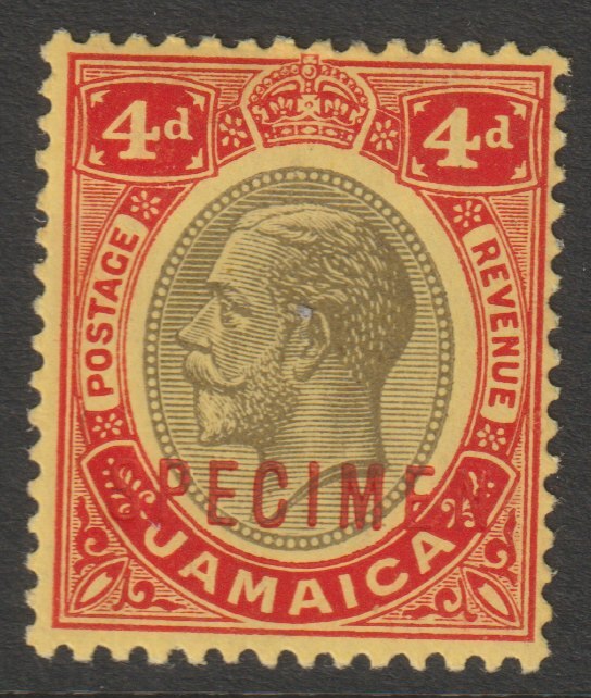 Jamaica 1912 KG5 MCA 4d overprinted SPECIMEN (type D12) fine with gum and only about 400 produced SG 63s, stamps on , stamps on  stamps on specimens
