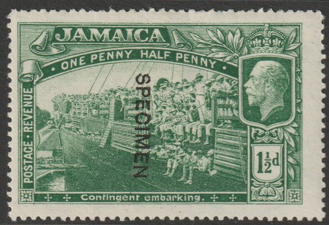 Jamaica 1919 KG5 Pictorial MCA 1.5d overprinted SPECIMEN fine with gum and only about 400 produced SG 80s, stamps on specimens