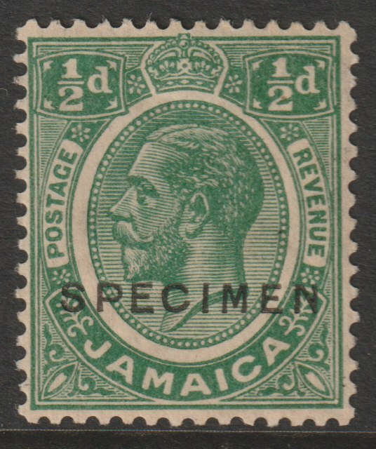 Jamaica 1921 KG5 Multiple Script 1/2d overprinted SPECIMEN with gum but light overall toning, only about 400 produced SG 92s, stamps on , stamps on  stamps on specimens