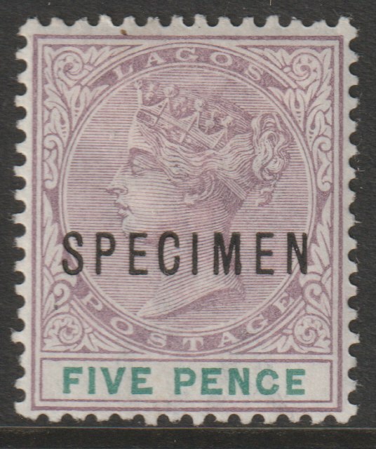 Lagos 1887 QV Crown CA 5d overprinted SPECIMEN very fine with gum and only about 750 produced SG 34s, stamps on specimens