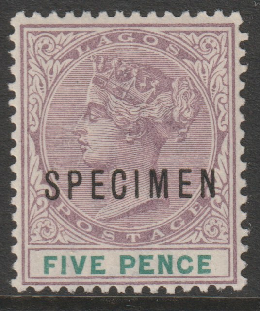 Lagos 1887 QV Crown CA 5d overprinted SPECIMEN very fine with gum and only about 750 produced SG 34s, stamps on specimens