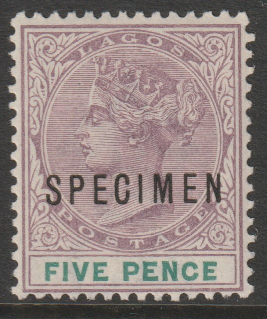 Lagos 1887 QV Crown CA 5d overprinted SPECIMEN very fine with gum and only about 750 produced SG 34s, stamps on specimens