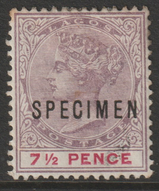 Lagos 1887 QV Crown CA 7.5d overprinted SPECIMEN with gum and only about 750 produced SG 36s, stamps on specimens