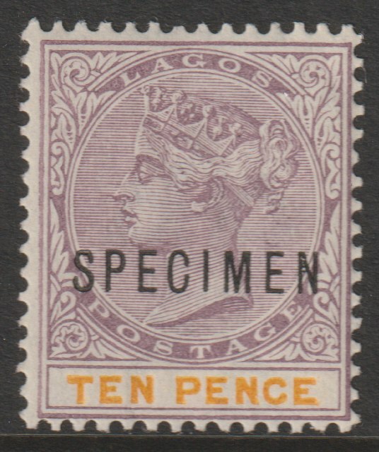 Lagos 1887 QV Crown CA 10d overprinted SPECIMEN very fine with gum and only about 750 produced SG 37s, stamps on specimens