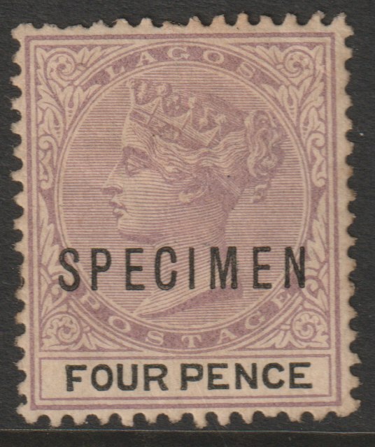 Lagos 1887 QV Crown CA 4d overprinted SPECIMEN overall toning only about 750 produced SG 33s, stamps on specimens