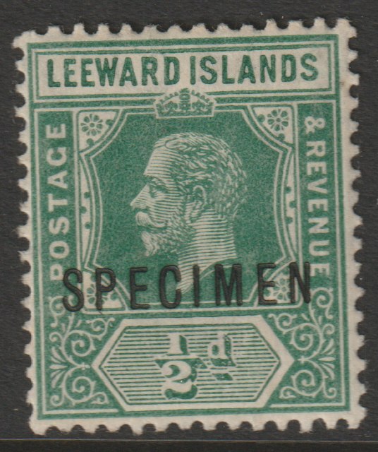 Leeward Islands 1912 KG5 MCA 1/2d overprinted SPECIMEN with gum large hinge remainder only about 400 produced SG 47s, stamps on specimens