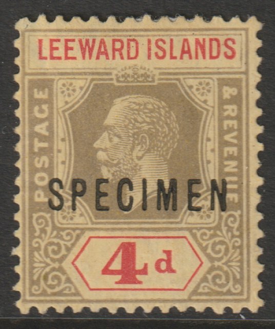 Leeward Islands 1912 KG5 MCA 4d overprinted SPECIMEN with gum only about 400 produced SG 52s, stamps on , stamps on  stamps on specimens
