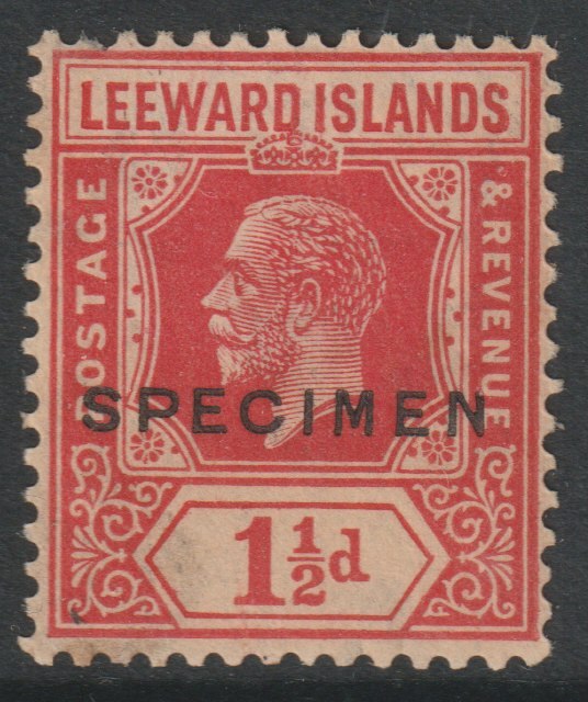 Leeward Islands 1921 KG5 Multiple Script 1.5d carmine overprinted SPECIMEN toned but only about 400 produced SG 63s, stamps on specimens
