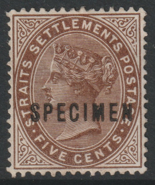 Malaya - Straits Settlements 1892 QV 5c brown overprinted SPECIMEN without gum but only about 750 produced SG 99s, stamps on , stamps on  stamps on specimens
