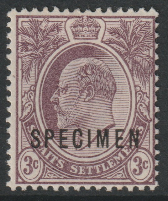 Malaya - Straits Settlements 1903 KE7 Crown CA 3c purple overprinted SPECIMEN with gum and only about 750 produced SG 124s, stamps on specimens