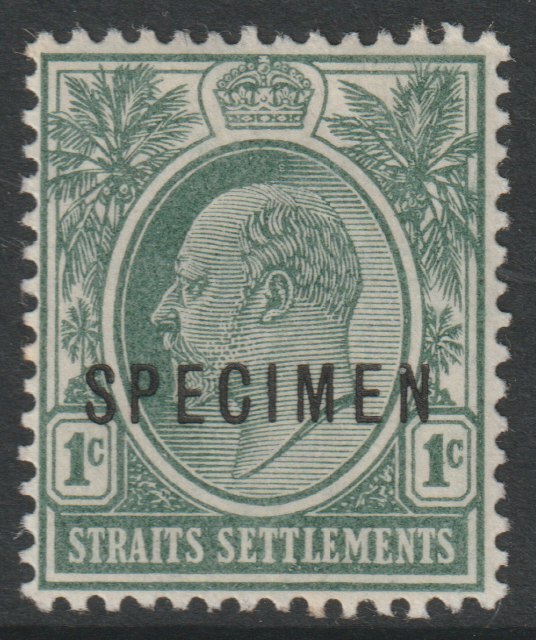 Malaya - Straits Settlements 1903 KE7 Crown CA 1c grey-green overprinted SPECIMEN with gum and only about 750 produced SG 123s, stamps on specimens
