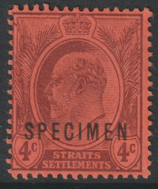 Malaya - Straits Settlements 1904 KE7 MCA 4c purple on red overprinted SPECIMEN with gum and only about 750 produced SG 129s, stamps on specimens
