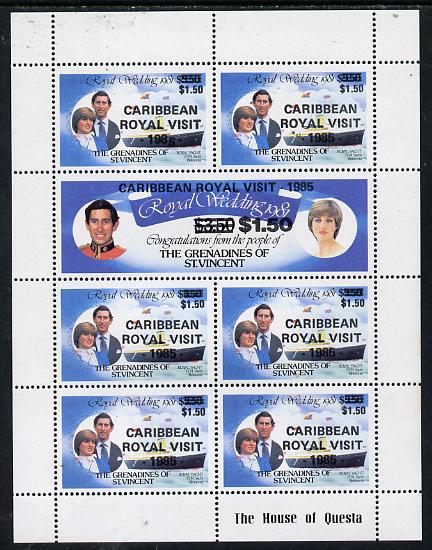 St Vincent - Grenadines 1985 Caribbean Royal Visit opt on R Wedding sheetlet unmounted mint, top stamp with 'dropped 5' in date, as SG 424a , stamps on royalty, stamps on ships, stamps on royal visit, stamps on royalty, stamps on diana, stamps on charles, stamps on 
