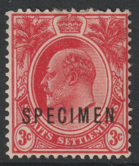 Malaya - Straits Settlements 1906 KE7 MCA 3c red overprinted SPECIMEN some paper adhesion but only about 750 produced SG 153s, stamps on , stamps on  stamps on specimens