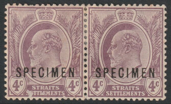 Malaya - Straits Settlements 1906 KE7 MCA 4c purple overprinted SPECIMEN scarce horiz pair with gum only about 750 produced SG 155s, stamps on specimens
