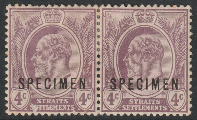 Malaya - Straits Settlements 1906 KE7 MCA 4c purple overprinted SPECIMEN scarce horiz pair with gum only about 750 produced SG 155s, stamps on , stamps on  stamps on specimens