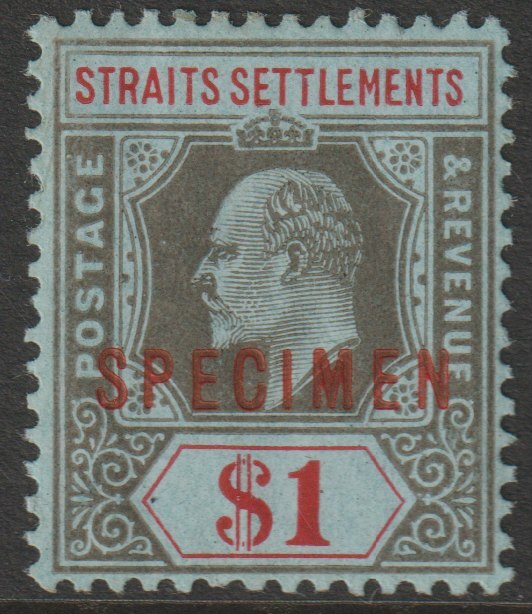 Malaya - Straits Settlements 1906 KE7 MCA $1 overprinted SPECIMEN with gum and only about 750 produced SG 165s, stamps on specimens