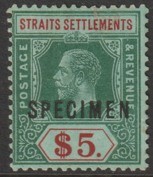 Malaya - Straits Settlements 1912 KG5 MCA $5 with white back overprinted SPECIMEN with gum and only about 400 produced SG 212s, stamps on , stamps on  stamps on specimens