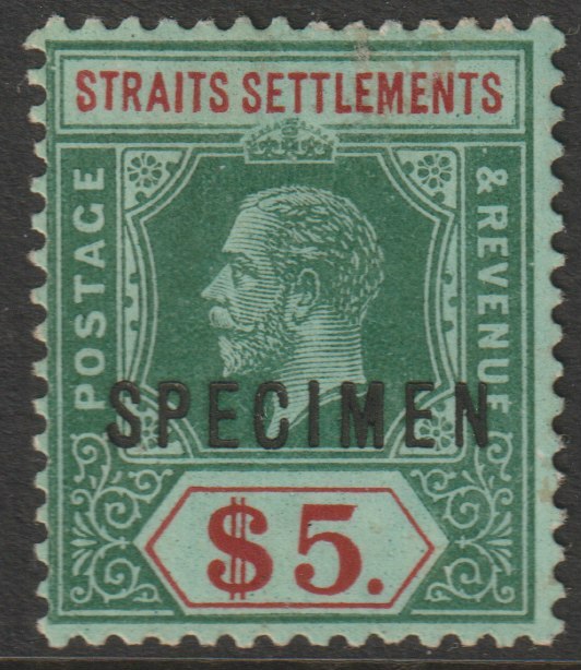 Malaya - Straits Settlements 1912 KG5 MCA $5 with white back overprinted SPECIMEN with gum and only about 400 produced SG 212s, stamps on specimens