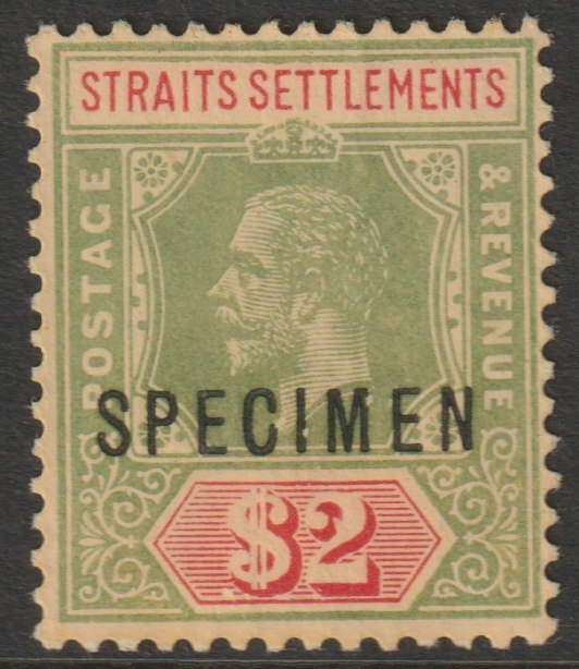 Malaya - Straits Settlements 1912 KG5 MCA $2 overprinted SPECIMEN without gum but only about 400 produced SG 211s, stamps on , stamps on  stamps on specimens