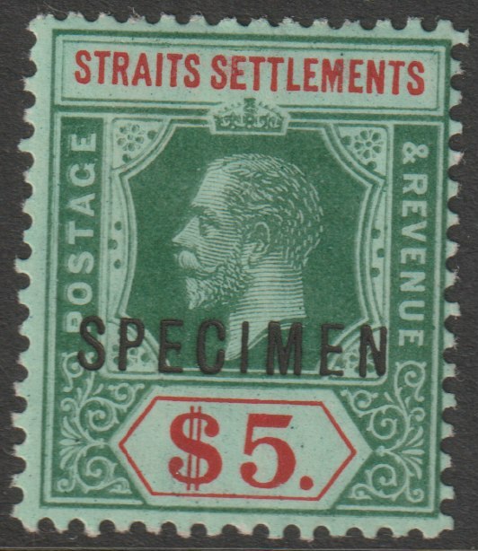 Malaya - Straits Settlements 1912 KG5 MCA $5 with white back overprinted SPECIMEN with gum and only about 400 produced SG 212s, stamps on specimens