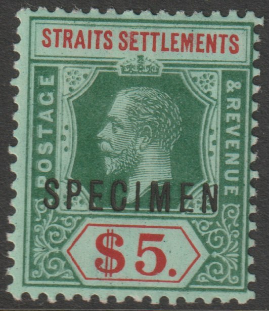 Malaya - Straits Settlements 1912 KG5 MCA $5 with white back overprinted SPECIMEN with gum and only about 400 produced SG 212s, stamps on , stamps on  stamps on specimens