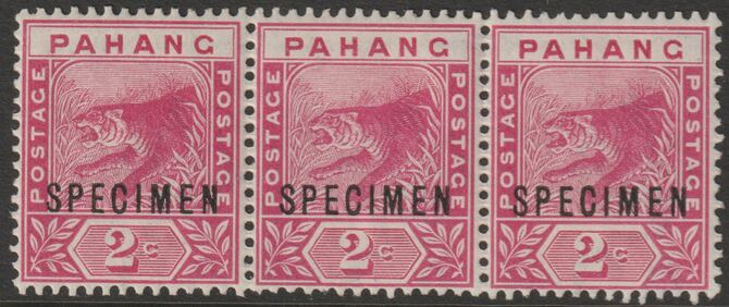 Malaya - Pahang 1891 Tiger 2c overprinted SPECIMEN horiz strip of 3 with gum and only about 345 produced SG 12s. Specimen multiples are rare, stamps on , stamps on  stamps on specimens