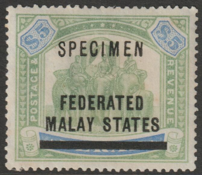 Malaya - Federated Malay States 1900 Elephants Crown CC $5 overprinted SPECIMEN without gum but only about 750 produced SG 25s, stamps on , stamps on  stamps on specimens