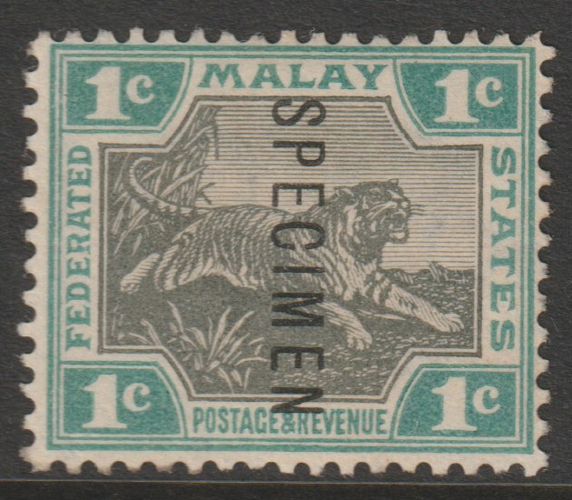 Malaya - Federated Malay States 1900 Tiger Crown CA 1c overprinted SPECIMEN without gum but only about 750 produced SG 15s, stamps on specimens