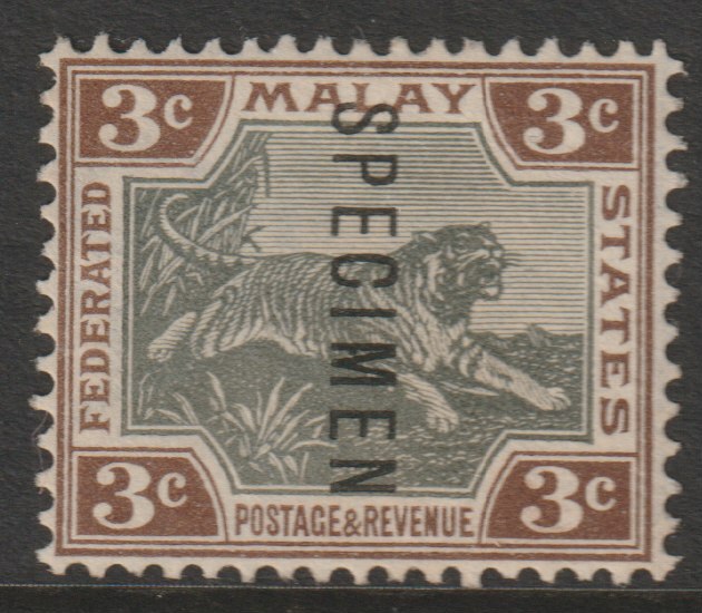 Malaya - Federated Malay States 1900 Tiger Crown CA 3c overprinted SPECIMEN without gum but only about 750 produced SG 16s, stamps on , stamps on  stamps on specimens