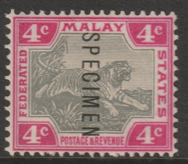 Malaya - Federated Malay States 1900 Tiger Crown CA 4c overprinted SPECIMEN without gum but only about 750 produced SG 17s, stamps on specimens