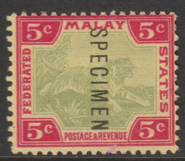 Malaya - Federated Malay States 1900 Tiger Crown CA 5c overprinted SPECIMEN without gum but only about 750 produced SG 18s, stamps on , stamps on  stamps on specimens