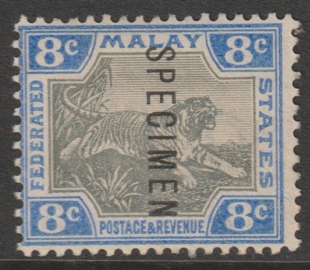 Malaya - Federated Malay States 1900 Tiger Crown CA 8c overprinted SPECIMEN without gum but only about 750 produced SG 19s, stamps on specimens