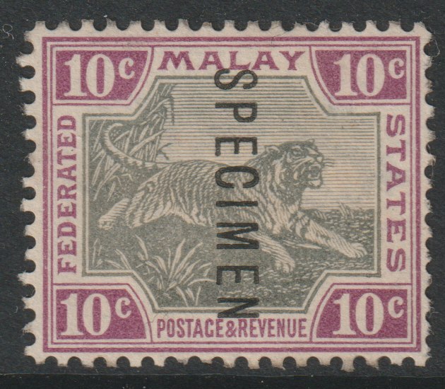 Malaya - Federated Malay States 1900 Tiger Crown CA 10c overprinted SPECIMEN without gum but only about 750 produced SG 20s, stamps on specimens