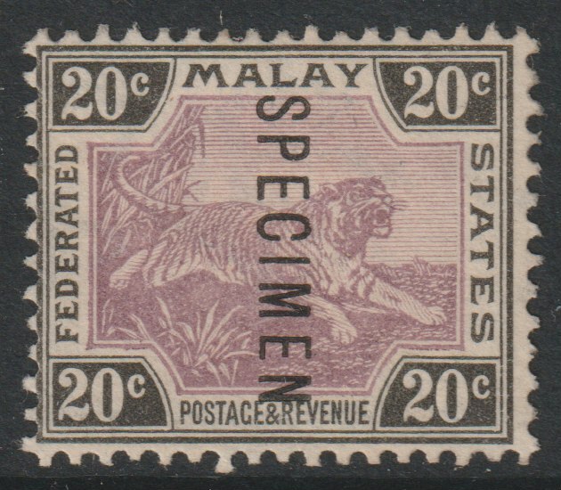 Malaya - Federated Malay States 1900 Tiger Crown CA 20c overprinted SPECIMEN without gum but only about 750 produced SG 21s, stamps on , stamps on  stamps on specimens