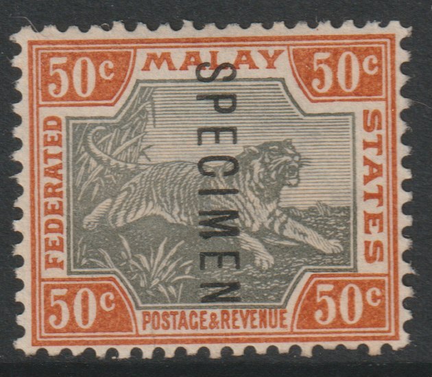 Malaya - Federated Malay States 1900 Tiger Crown CA 50c overprinted SPECIMEN without gum but only about 750 produced SG 22s, stamps on specimens