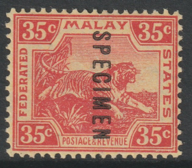 Malaya - Federated Malay States 1904 Tiger MCA 35c overprinted SPECIMEN with gum and only about 750 produced SG 46s, stamps on specimens